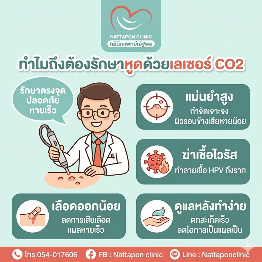 การรักษาหูดด้วยเลเซอร์ (Laser Wart Removal) คลินิกแพทย์ณัฐพล ลำปาง เลเซอร์ไฝ ขี้แมลงวัน สิวอุดตัน สิวหิน หูด ตาปลา ติ่งเนื้อ กระเนื้อ ต่อมไขมัน