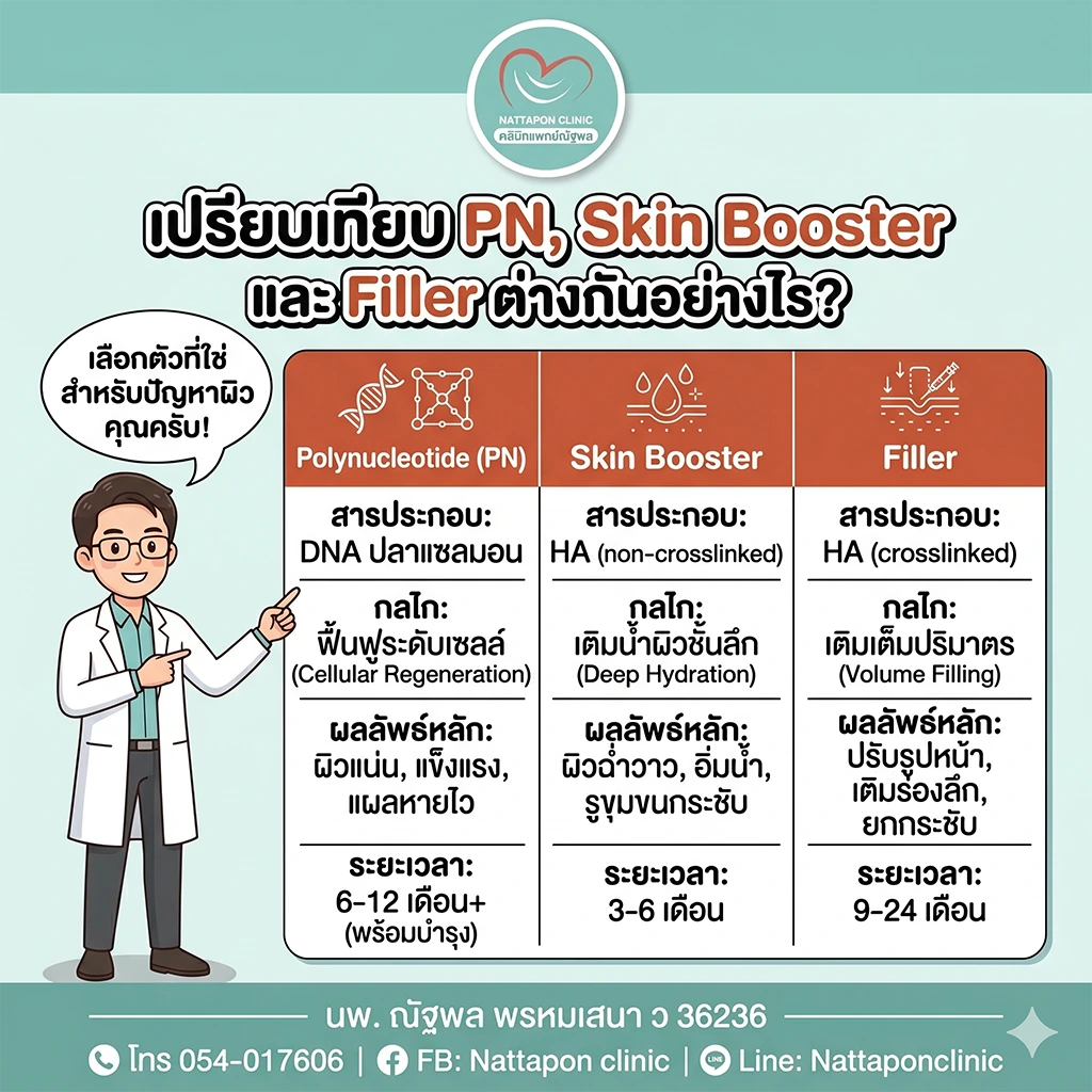 เปรียบเทียบ PN, Skin Booster และ Filler ต่างกันอย่างไร? คลินิกแพทย์ณัฐพลลำปาง botox filler Hifu ริ้วรอย ยกกระชับ Skin booster ฟื้นฟูสภาพผิว