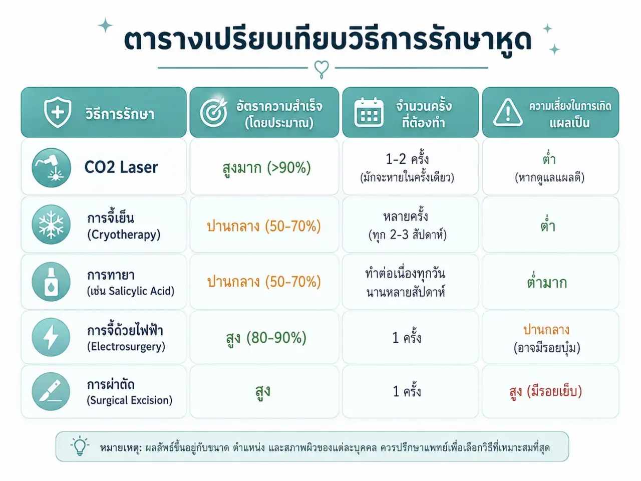 คลินิกแพทย์ณัฐพลลำปาง ตารางเปรียบเทียบวิธีการรักษาหูด เลเซอร์ไฝ ขี้แมลงวัน สิวอุดตัน สิวหิน หูด ตาปลา ติ่งเนื้อ กระเนื้อ ต่อมไขมัน